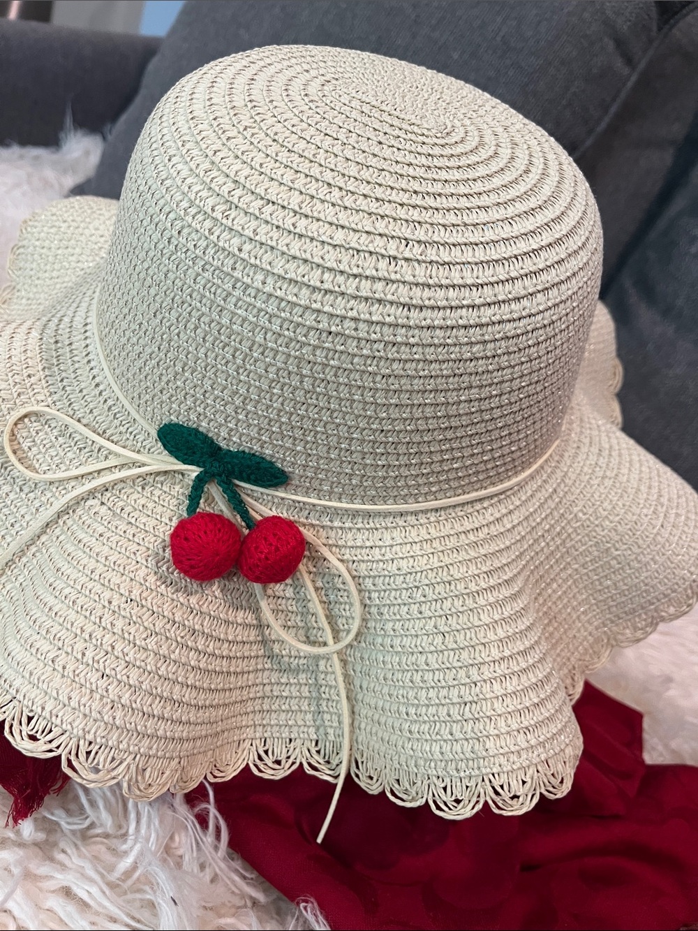 Cream Straw Sun Hat with Red Cherry Accent BRAND NEW